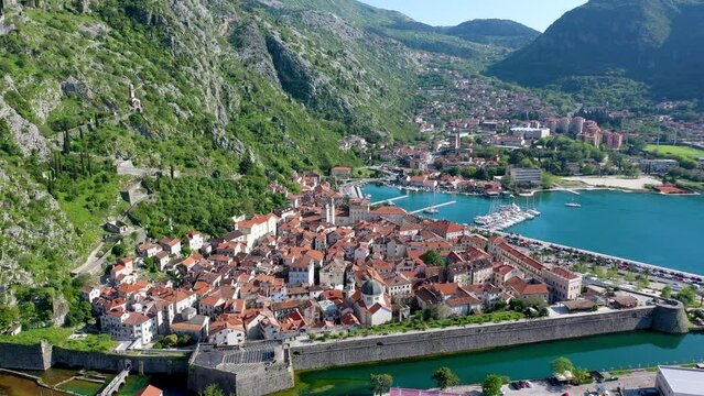 Aerial view of the old town of Kotor, Montenegro. Bay of Kotor bay is one of the most beautiful places on Adriatic Sea. Historical Kotor Old town and the Kotor bay of Adriatic sea, Montenegro.