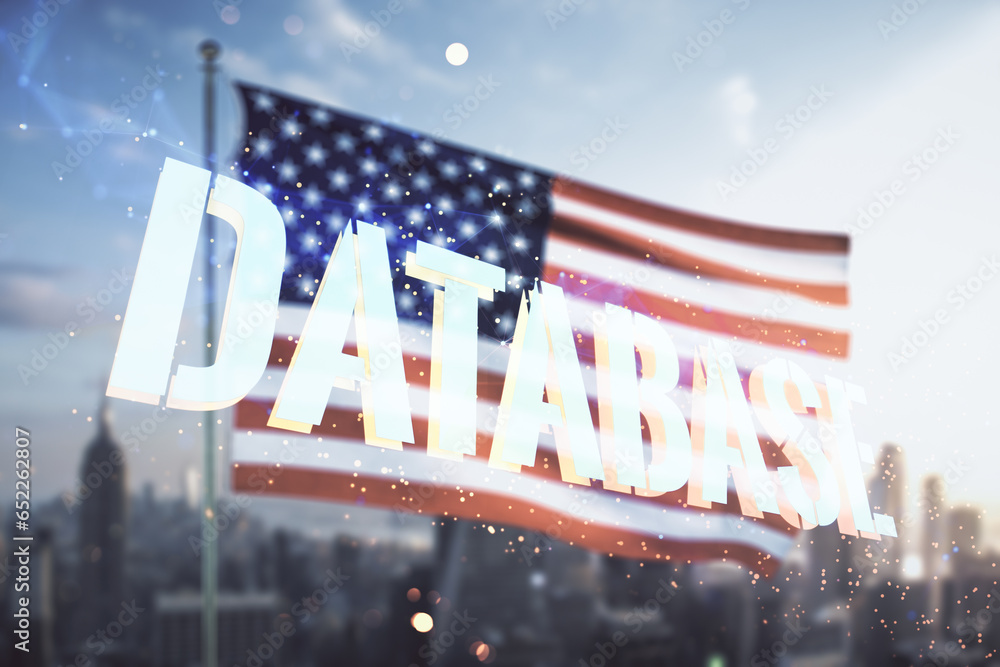 Poster Double exposure of Database word sign on US flag and skyline background, global research and analytics concept