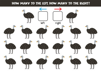 Left or right with cute cartoon emu ostrich. Logical worksheet for preschoolers.