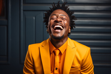 Joyful man bursting into laughter, his happiness contagious, in an orange background, Generative AI 