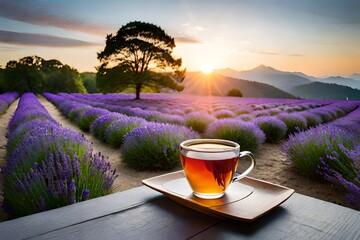 cup of tea on sunset background