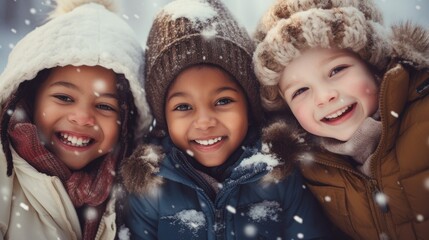 Diverse group of kids laughing in winter - obrazy, fototapety, plakaty