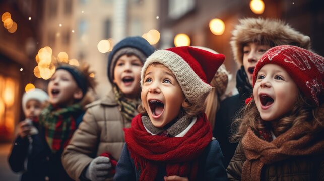 Diverse Group Of Children Singing At Christmas.