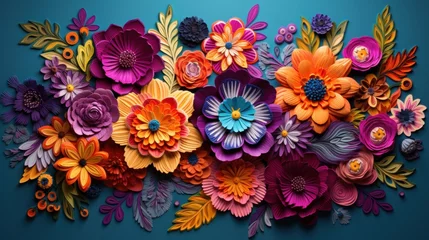 Fotobehang Many colorful paper flowers placed on a black background, in the style of threaded tapestries, traditional mexican style. © radekcho