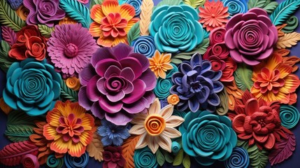 Many colorful paper flowers placed on a black background, in the style of threaded tapestries, traditional mexican style.