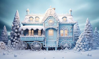 Fantasy sweet house on wheels. Christmas sweet wishes. AI digital art.