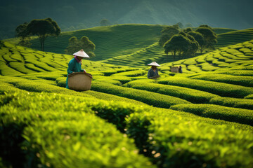  a asia women pick tea on green plantation terraces