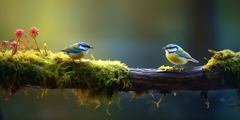A pair of blue tit birds sitting on a branch,HD wallpaper - obrazy, fototapety, plakaty