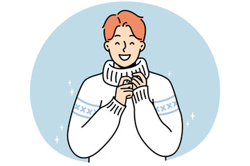 Portrait of smiling young man in knitwear. Happy millennial guy in fashionable knit sweater. Winter wear and fashion. Vector illustration.