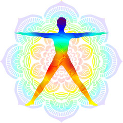 Colorful silhouette yoga posture. Star pose or Five Pointed Star pose. Utthita Tadasana. Standing and Neutral. Isolated vector illustration. Mandala background.