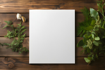 Top Down View of White Plain Paper and Foliage on Wooden Table