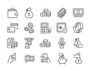Money, finance thin line icons. Editable stroke. For website marketing design, logo, app, template, ui, etc. Vector illustration. - obrazy, fototapety, plakaty