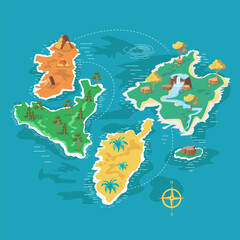 Map of islands with sea, ocean. Background for games, design. Mountains, nature, plants, waterfall. Vector illustration. 
