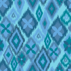 Vector seamless pattern. Blue ikat, traditional asian ornament for trendy summer attire