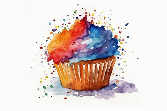 Watercolor cupcake with sprinkles for the Birthday boy on white background. AI generated