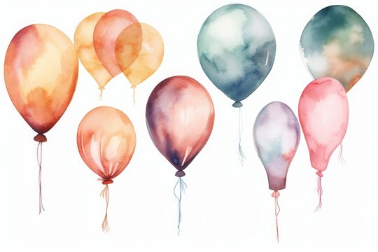 Watercolor party balloons in various sizes on white background. AI generated
