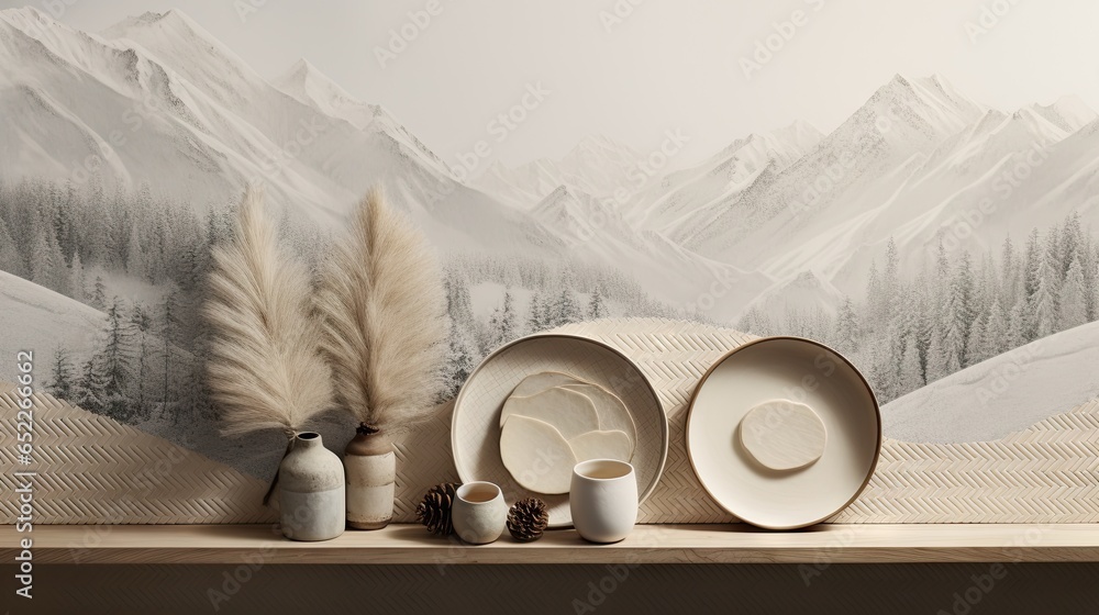 Poster a table topped with dishes and a vase filled with feathers. generative ai