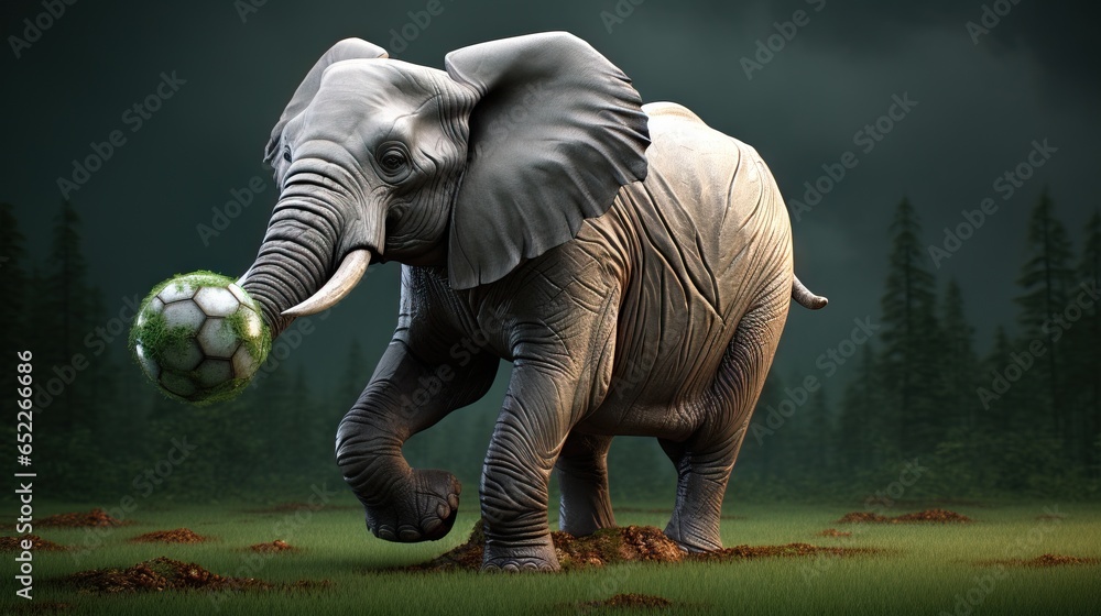 Poster an elephant is holding a soccer ball in its trunk and it's trunk is in the air. generative ai