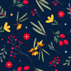 Fototapeta na wymiar Seamless pattern with autumn berries and flowers in vector. Flat style.