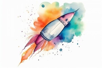 Watercolor rocket ship for an out-of-this-world Birthday on white. AI generated