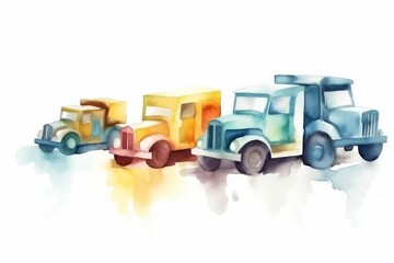Watercolor toy trucks to celebrate a boy's Birthday on white background. AI generated