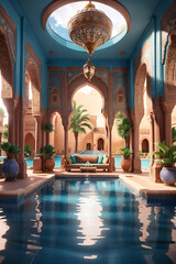 Fototapeta premium arabic lantern background illustration,moon light shine through the window into islamic mosque interior