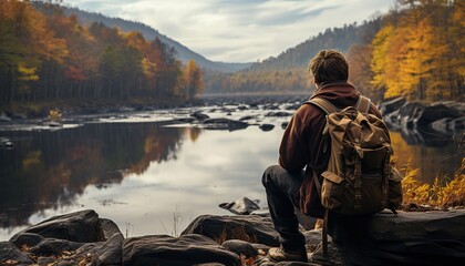 Generative AI, backpacker in autumn landscape, traveler man tourist with backpack hiking in mountains