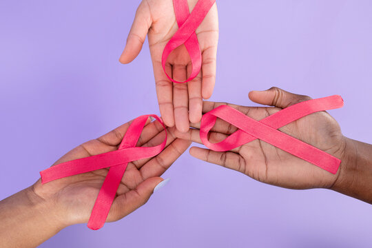 Female Hands Holding Pink Ribbons On Purple Background, Closeup