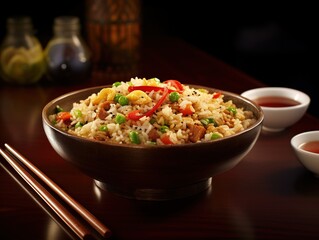  Bowl of classic fried rice served with a side of soy sauce