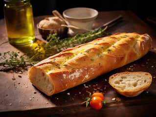Artisan baguette with olive oil and herbs