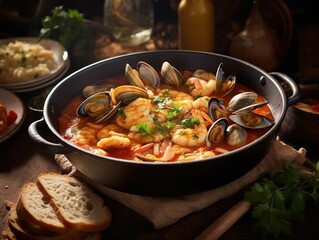 Aromatic bouillabaisse with assorted seafood