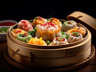 Assorted dim sum in a bamboo steamer
