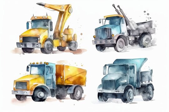 Watercolor Construction Vehicles For A Boy's Birthday On White Background. AI Generated