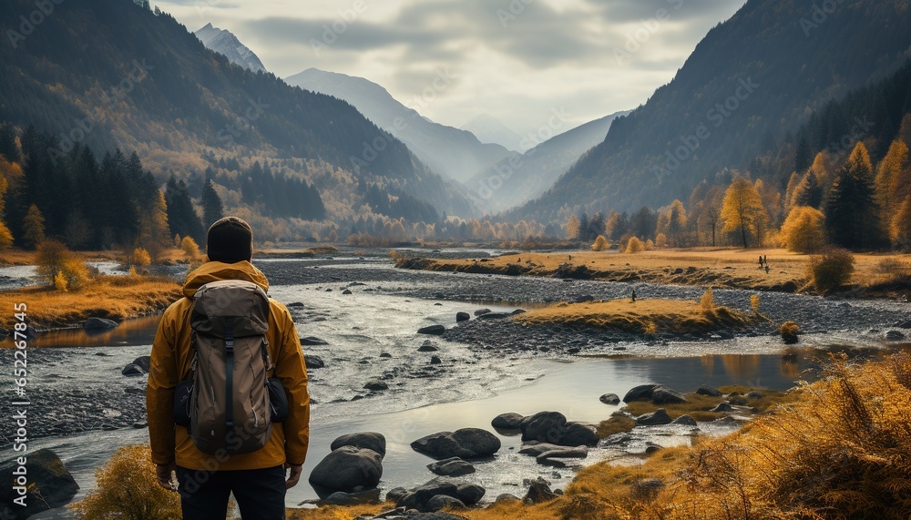 Wall mural Generative AI, backpacker in autumn landscape, traveler man tourist with backpack hiking in mountains