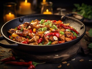 Sizzling kung pao chicken in a cast iron skillet