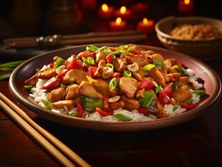  Kung pao chicken with vibrant vegetables and steamed rice