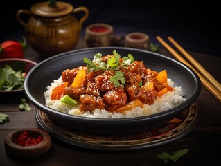  Sweet and sour pork dish with sticky rice on a ceramic plate