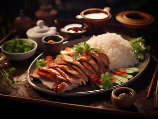Succulent Peking duck with a side of jasmine rice
