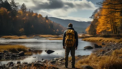 Foto op Plexiglas Generative AI, backpacker in autumn landscape, traveler man tourist with backpack hiking in mountains © DELstudio