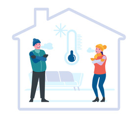 Man or woman freezing in house. People wrapped in sweaters. Warm scarf or sweatshirt. Persons hugging themselves. Home thermometer. Cold temperature. Air conditioning. Vector concept