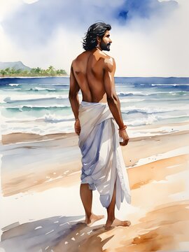 Indian Man Standing at Sea Shirtless Muscular Male Sunny India Beach