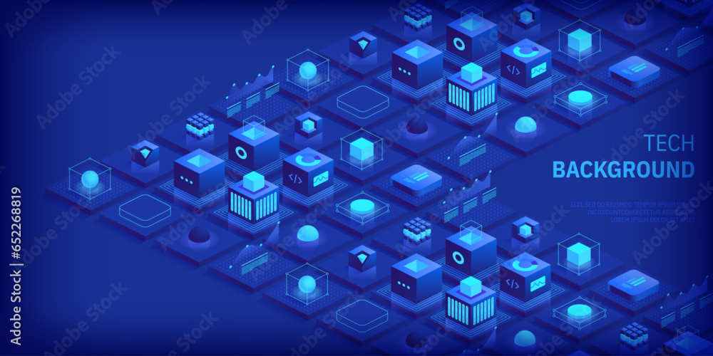 Poster technology background. isometric horizontal vector template design for banner, cover, and header. fu