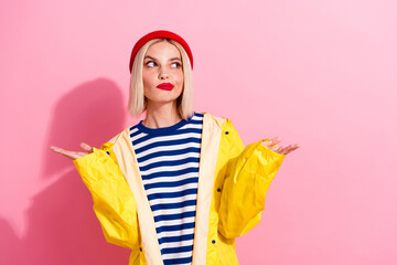 Photo of funny cute confused girl misunderstanding shrug shoulders no idea look empty space minded isolated on pink color background - obrazy, fototapety, plakaty
