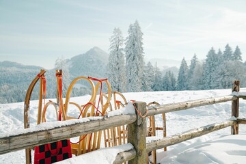Sledding in snow-covered hillside with a wooden fence seen in the foreground