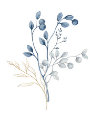 Watercolor vector dusty blue flower wreath.