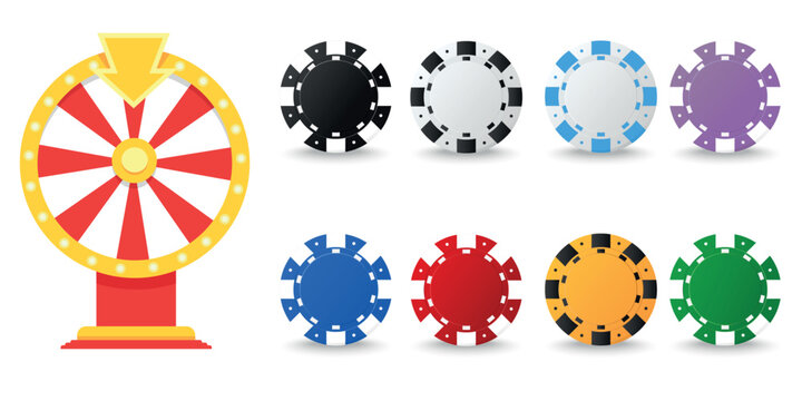 Vector images of casino chips. Wheel of fortune. Collection of casino chips for gambling, poker