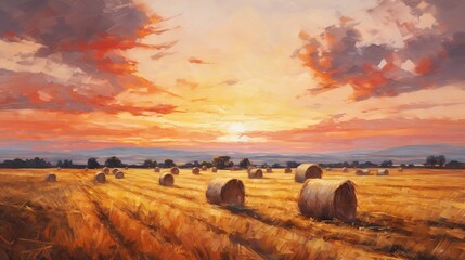 Obraz premium a painting of hay bales in a field at sunset. generative ai