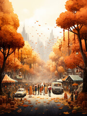 A Surreal Illustration of an Impromptu Community Parade Celebrating the Colors of Fall