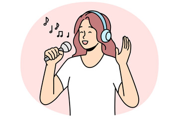 Happy woman in headphones and microphones singing. Smiling girl have fun enjoy karaoke entertainment with mic and earphones. Hobby and music. Vector illustration.