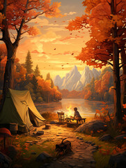 A Surreal Illustration of Kids Setting Up a Makeshift Tent and Camping in their Backyard Amidst Fall Foliage